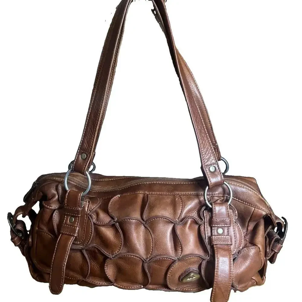 Vintage Hara Saddle Brown Petal-like Scale Pattern Leather Handbag Y2K Western
